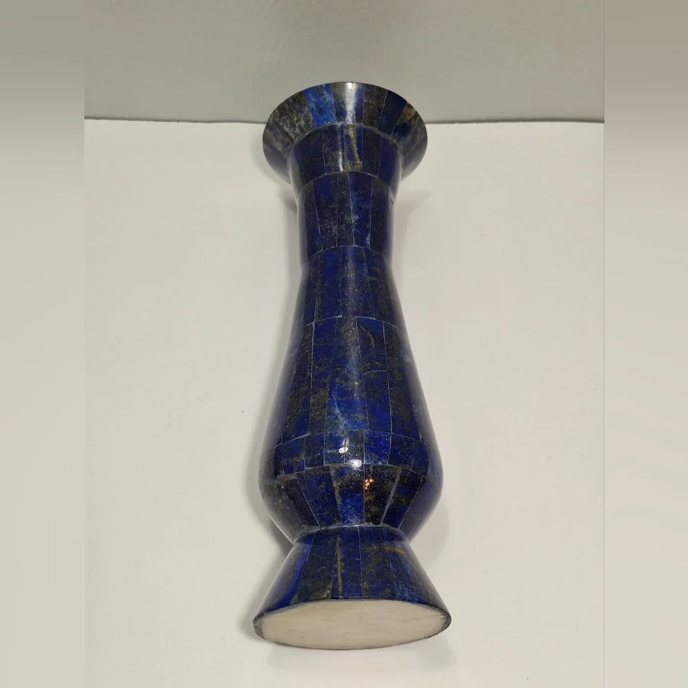 Blue Lapis Lazuli Handmade Brass Lined Natural Gemstone Inlay Vase Cobalt Unique